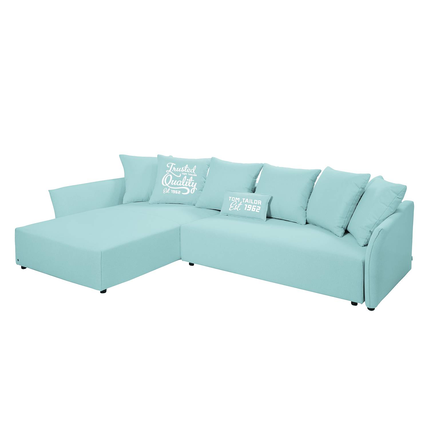 Ecksofa Wings Casual (mit Schlaffunktion) - Webstoff - Longchair/Ottomane davorstehend links - Himmelblau - 7 Kissen, Tom Tailor