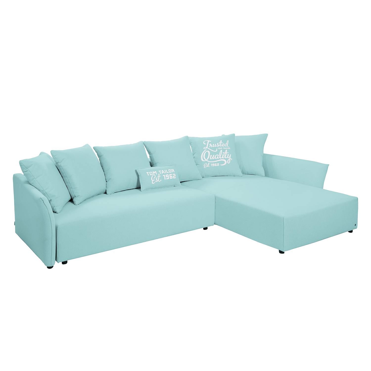 Ecksofa Wings Casual (mit Schlaffunktion) - Webstoff - Longchair/Ottomane davorstehend rechts - Himmelblau - 7 Kissen, Tom Tailor