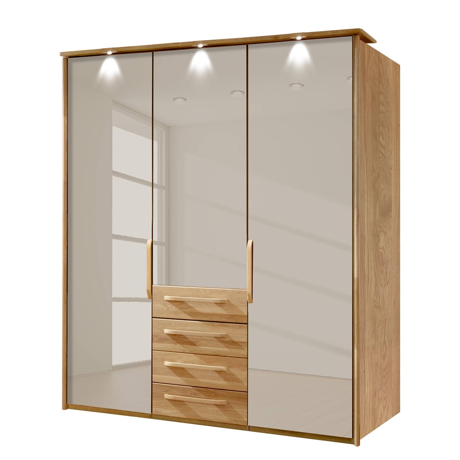 EEK A+, Funktionsschrank Torino - Eiche teilmassiv - LED-Beleuchtung - 150 cm (3-türig) - Sahara - Mit beleuchtetem Passepartout, Althoff