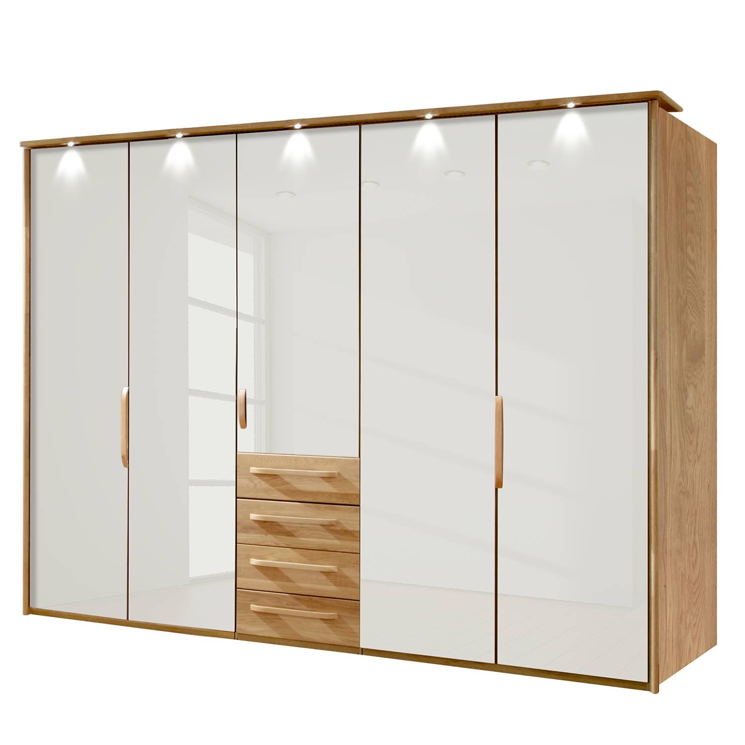 EEK A+, Funktionsschrank Torino - Eiche teilmassiv - LED-Beleuchtung - 250 cm (5-türig) - Magnolia - Mit beleuchtetem Passepartout, Althoff