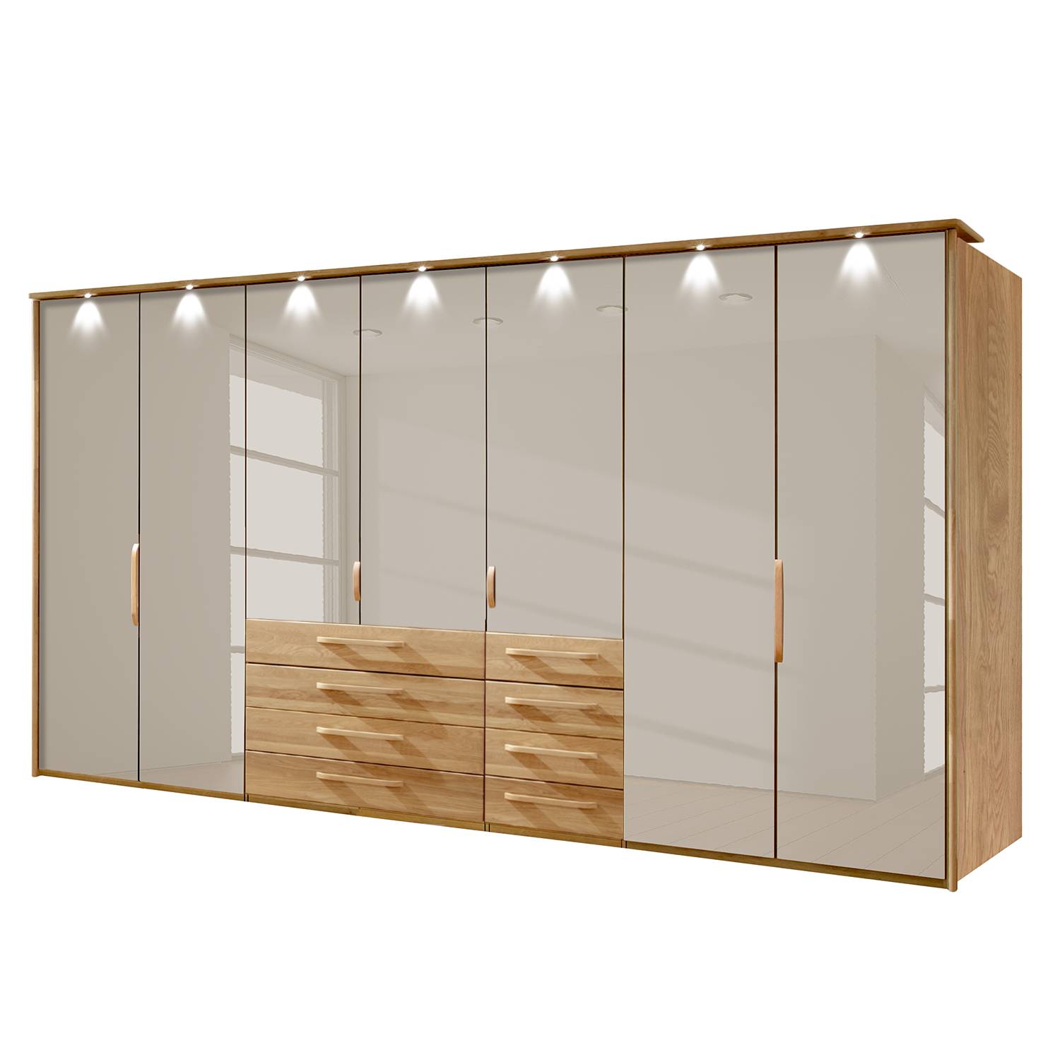 EEK A+, Funktionsschrank Torino - Eiche teilmassiv - LED-Beleuchtung - 350 cm (7-türig) - Sahara - Mit beleuchtetem Passepartout, Althoff