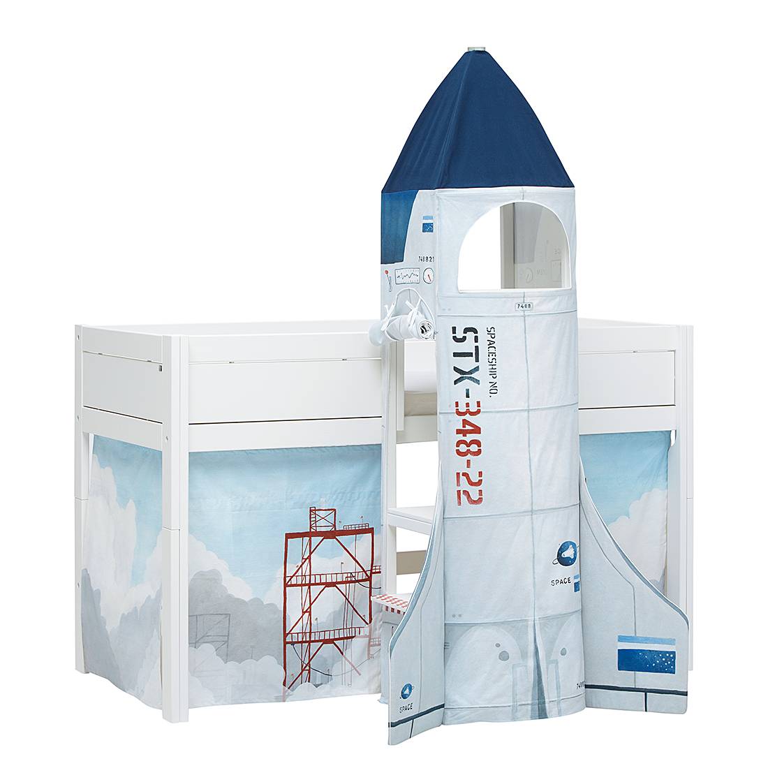 Halbhohes Bett Discovery Shuttle - Kiefer teilmassiv/Textil - Weiß/Blau - Mit Deluxe Lattenrost, Lifetime Kidsrooms