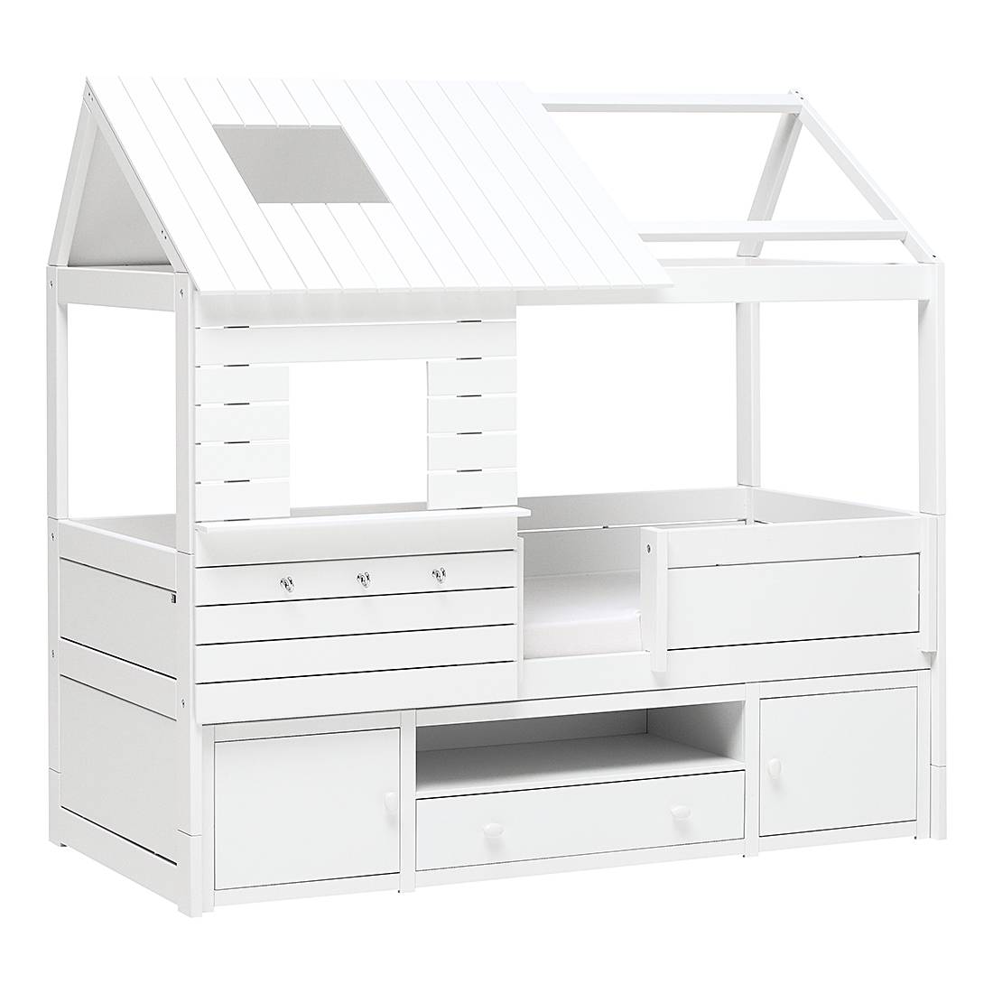 Kojenbett Hütte Lifetime Original - Kiefer teilmassiv - Weiß - Mit Deluxe Lattenrost - inkl. Deko-Markise, Lifetime Kidsrooms