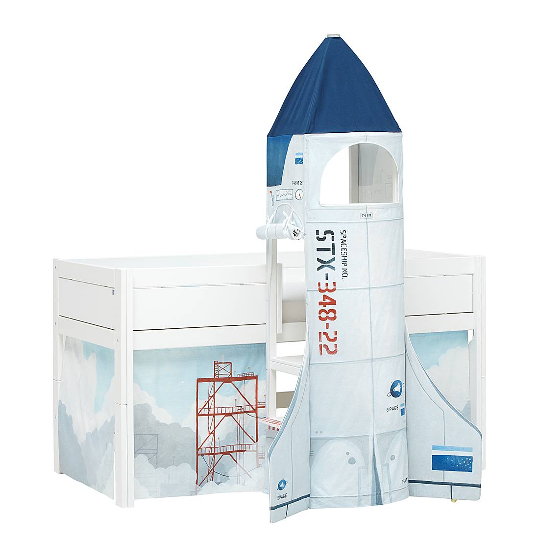 Minihochbett Discovery Shuttle - Kiefer teilmassiv/Textil - Weiß/Blau - Mit Deluxe Lattenrost, Lifetime Kidsrooms