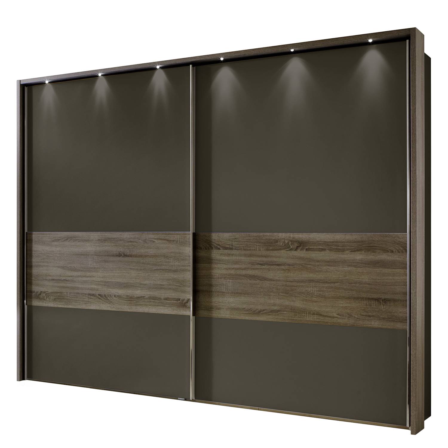 Schwebetürenschrank Ancona - Trüffeleiche Dekor - LED-Beleuchtung - Havanna / Trüffeleiche Dekor - 250 cm (2-türig) - Mit Passepartoutrahmen, Althoff