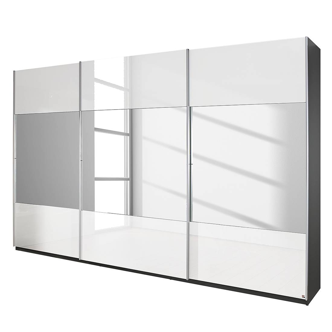 Schwebetürenschrank Beluga-Plus - Hochglanz Weiß / Graphit - Verspiegelt - 360 cm (3-türig) - 223 cm, Rauch Select