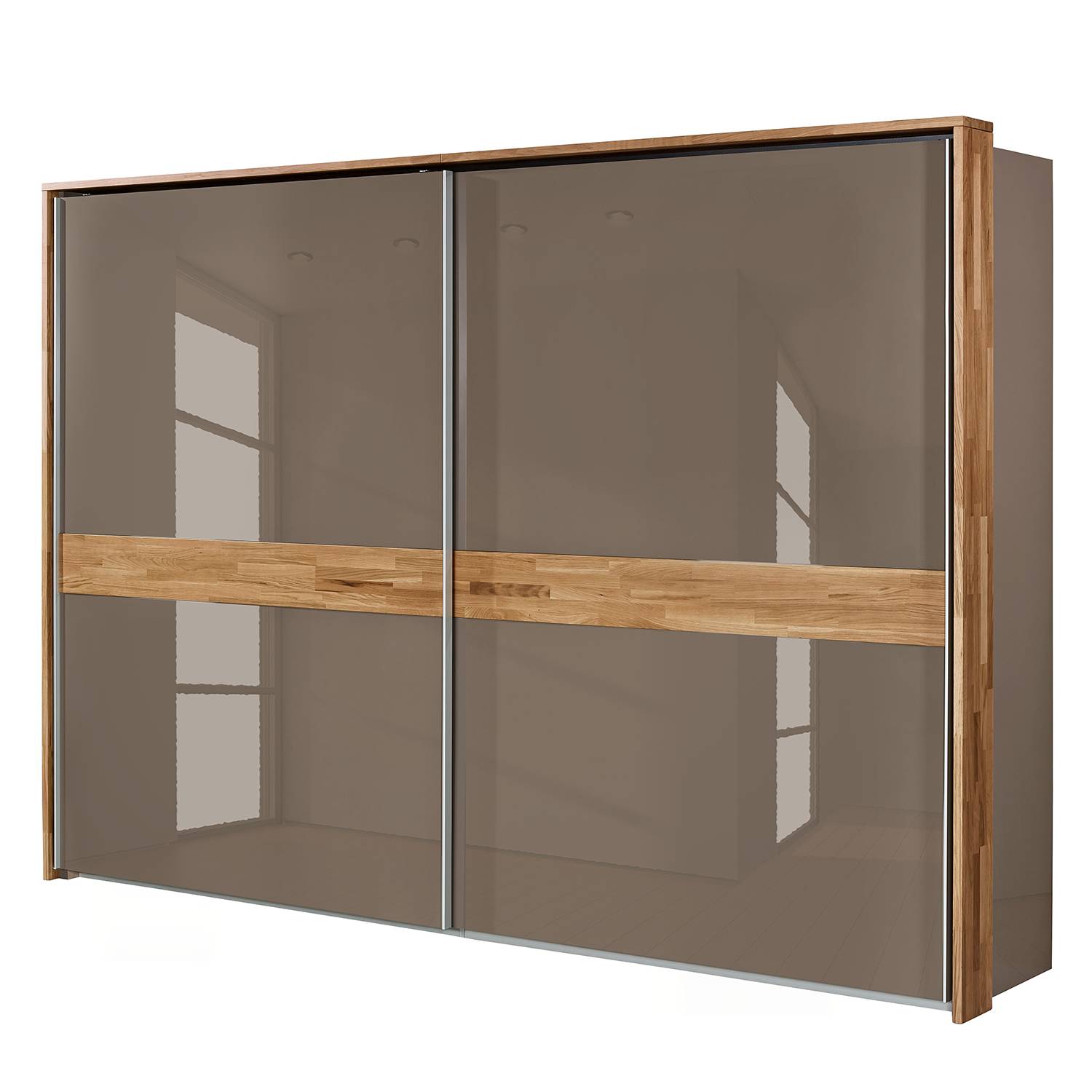 Schwebetürenschrank Feel - Hochglanz Taupe / Eiche - 252 cm (2-türig) - Mit Passepartoutrahmen, Arte M