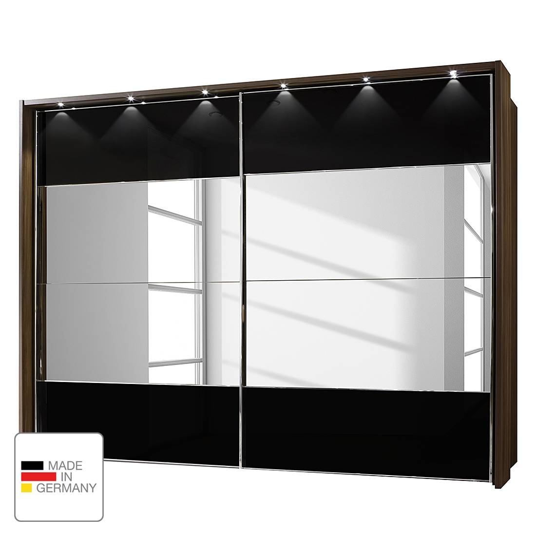 EEK A+, Schwebetürenschrank Monza - Walnuss Dekor/Schwarzglas - LED-Beleuchtung - 200 cm (2-türig) - 216 cm - Mit beleuchtetem Passepartout, Althoff