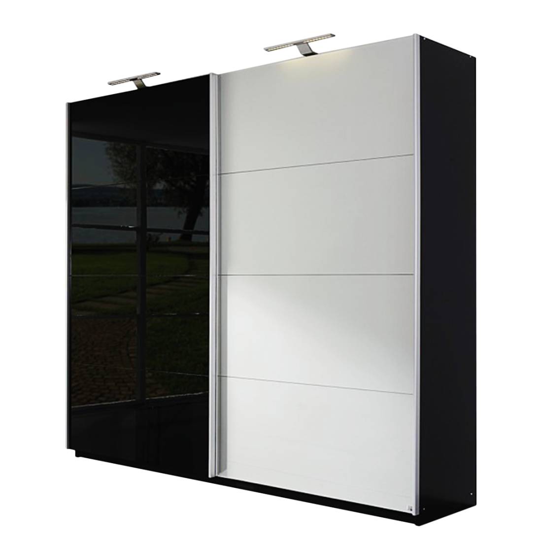 Schwebetürenschrank Beluga-Plus - Schwarz/Hochglanz Schwarz - Glas matt Silber - 315 cm (3-türig) - 223 cm, Rauch Select