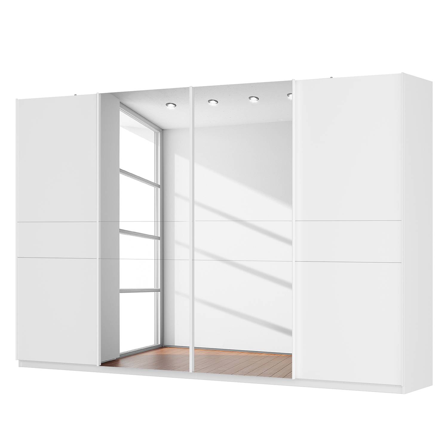 Schwebetürenschrank SKØP - Alpinweiß / Mattglas Weiß / Spiegelglas - 360 cm (4-türig) - 236 cm - Basic, SKØP