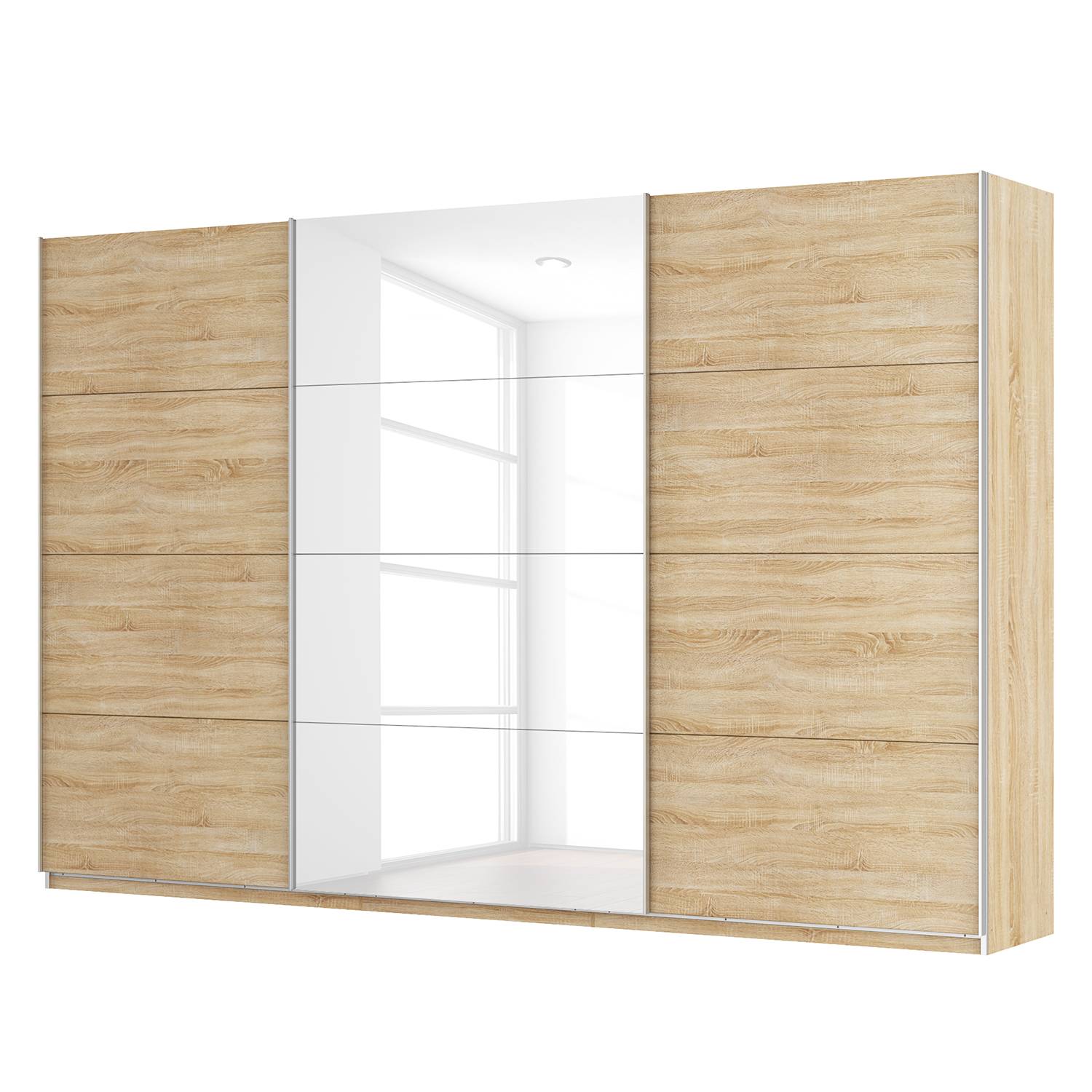 Schwebetürenschrank SKØP - Eiche Sonoma Dekor / Hochglanz Weiß - 360 cm (3-türig) - 236 cm - Classic, SKØP