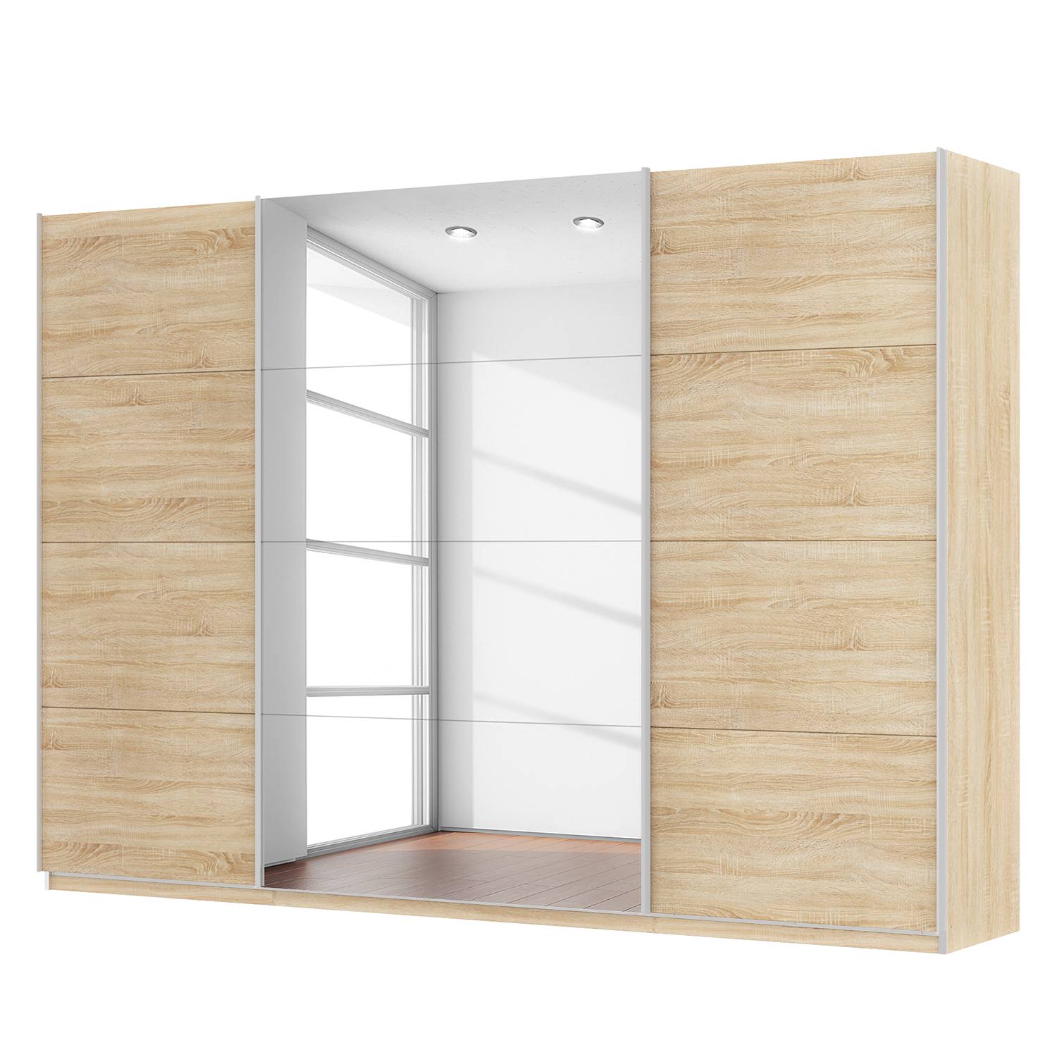 Schwebetürenschrank SKØP - Eiche Sonoma Dekor / Spiegelglas - 315 cm (3-türig) - 222 cm - Comfort, SKØP