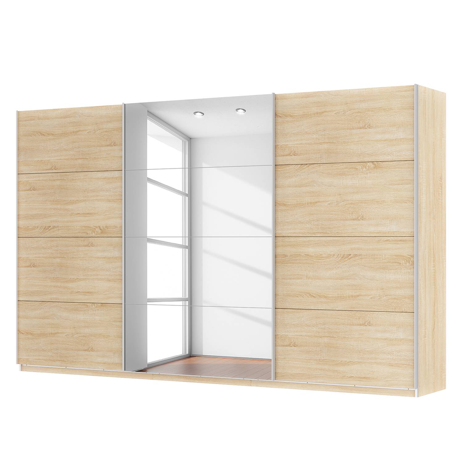 Schwebetürenschrank SKØP - Eiche Sonoma Dekor / Spiegelglas - 360 cm (3-türig) - 222 cm - Classic, SKØP