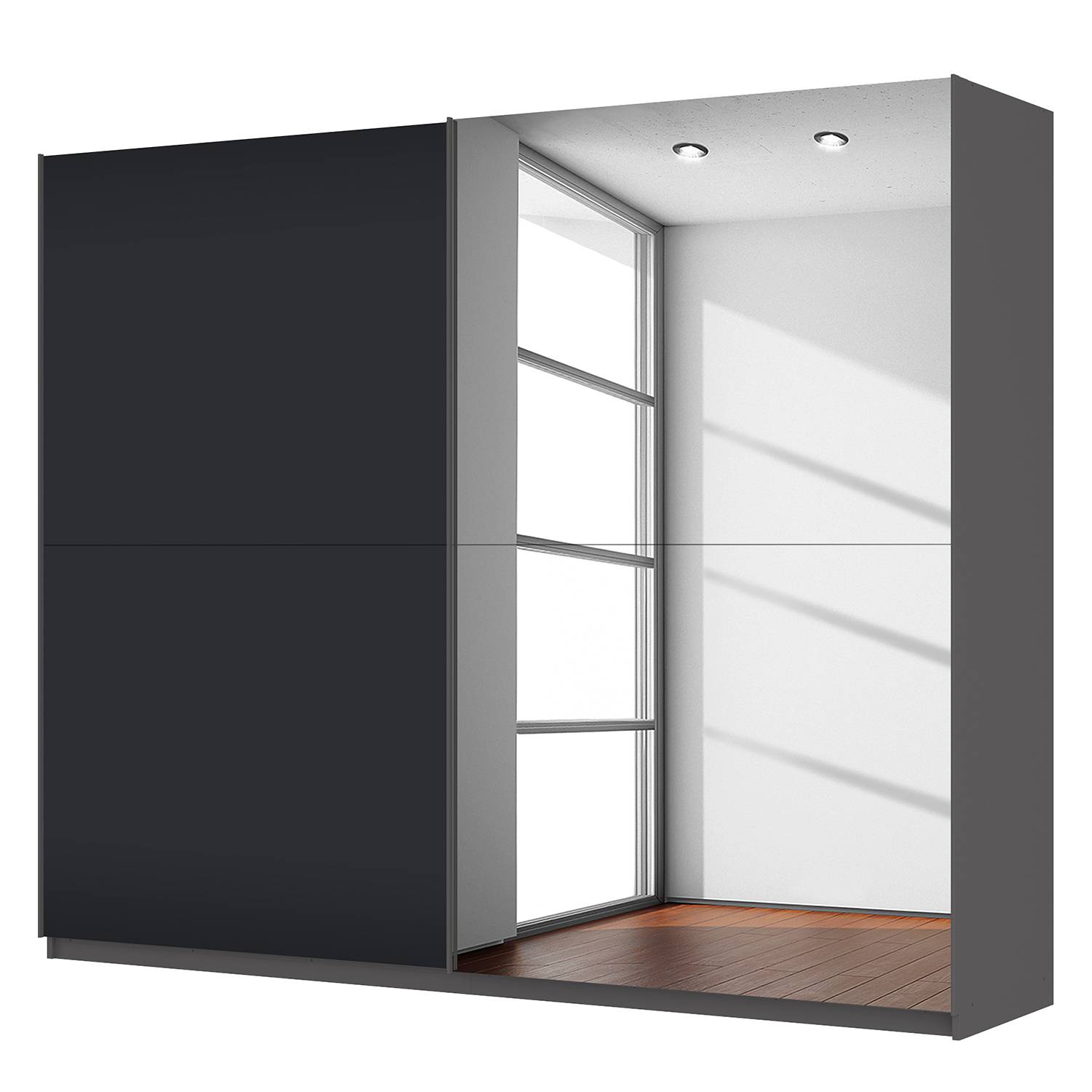 Schwebetürenschrank SKØP - Graphit / Mattglas Schwarz / Grauspiegel - 270 cm (2-türig) - 222 cm - Premium, SKØP