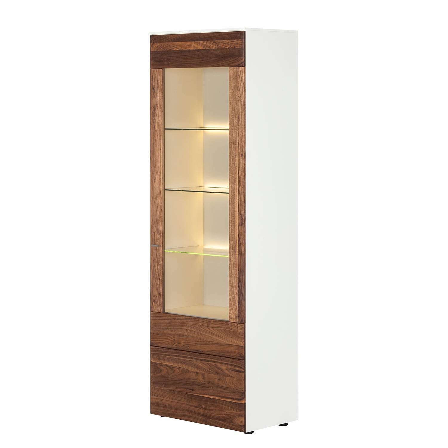 EEK A+, Standvitrine Solano - Mit Beleuchtung - Nussbaum / Weiß - Türanschlag rechts, Netfurn by GWINNER