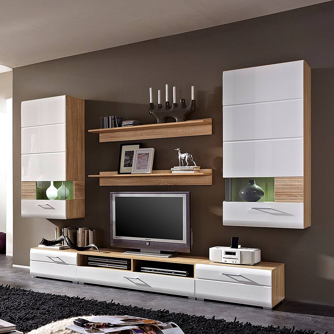 wohnwand weis hochglanz eiche sagerau, schränke online günstig kaufen über shop24.at | shop24, Design ideen