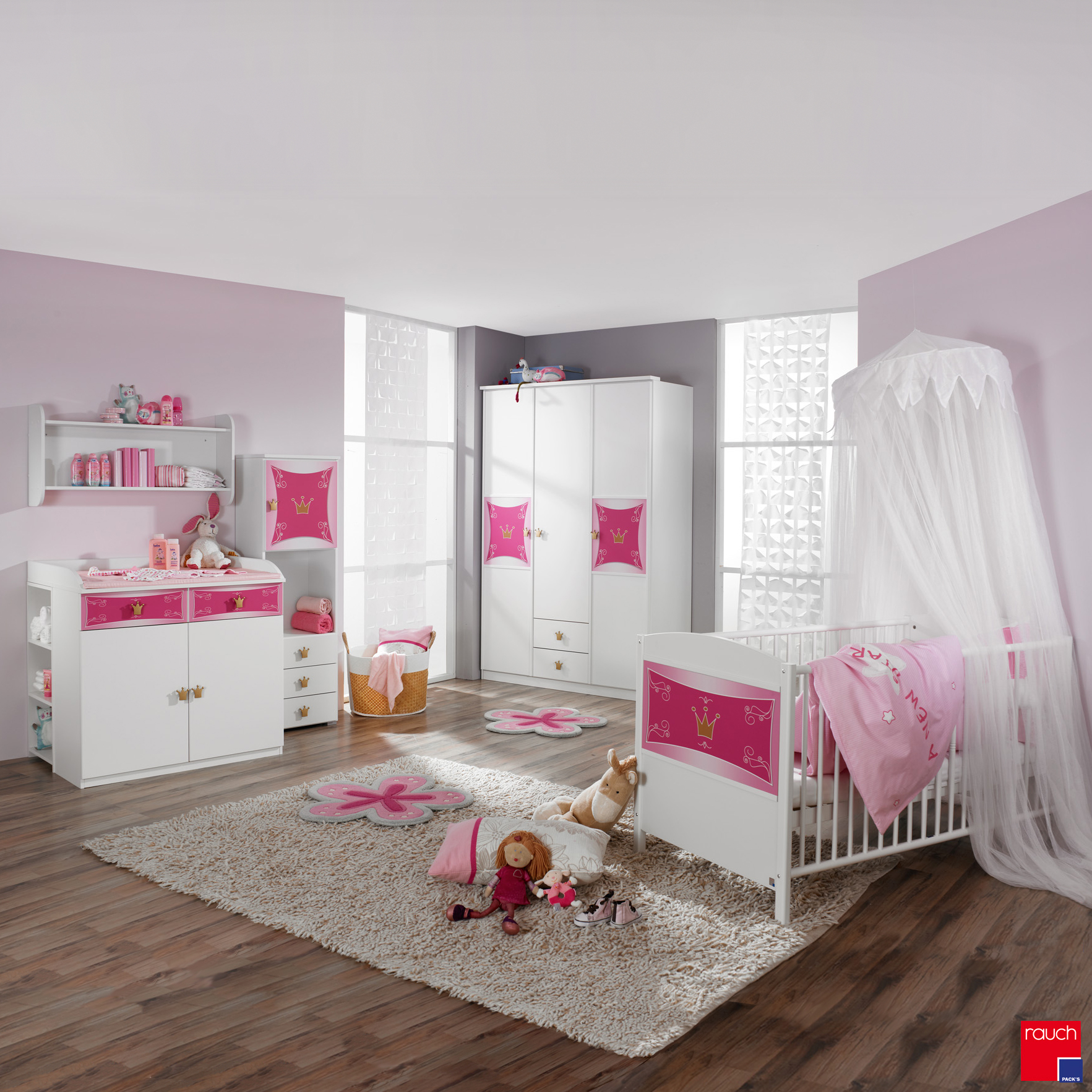 Babyset Kate 3 delig babybed_ babycommode en kledingkast in wit roze_ Rauch Packs