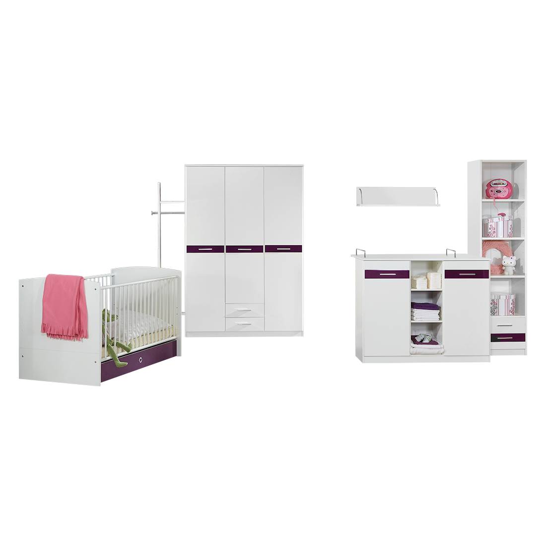 Babykamercombinatie Gina 5 delige set alpinewit hoogglans braamkleurig_ Wimex