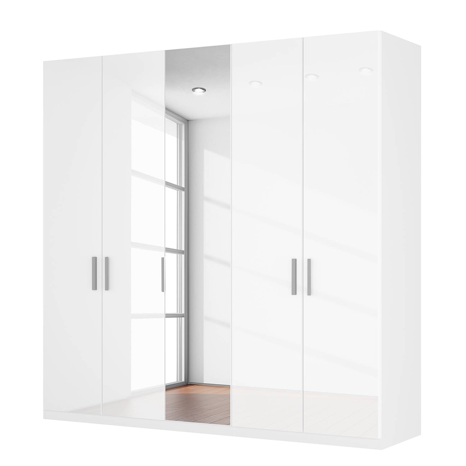 Armoire à portes battantes Skøp I - Blanc brillant / Miroir en cristal - 225 cm (5 portes) - 236 cm