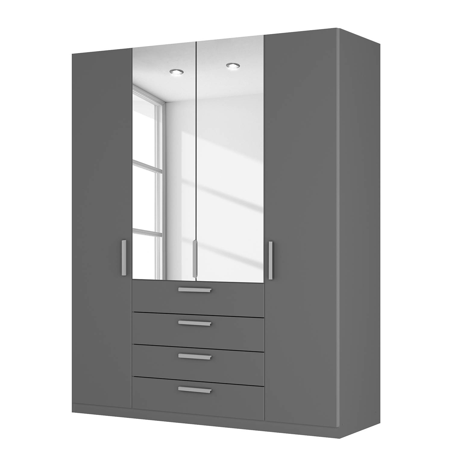 Armoire à portes battantes Skøp II - Graphite / Miroir en cristal - 181 cm (4 portes) - 222 cm - Bas