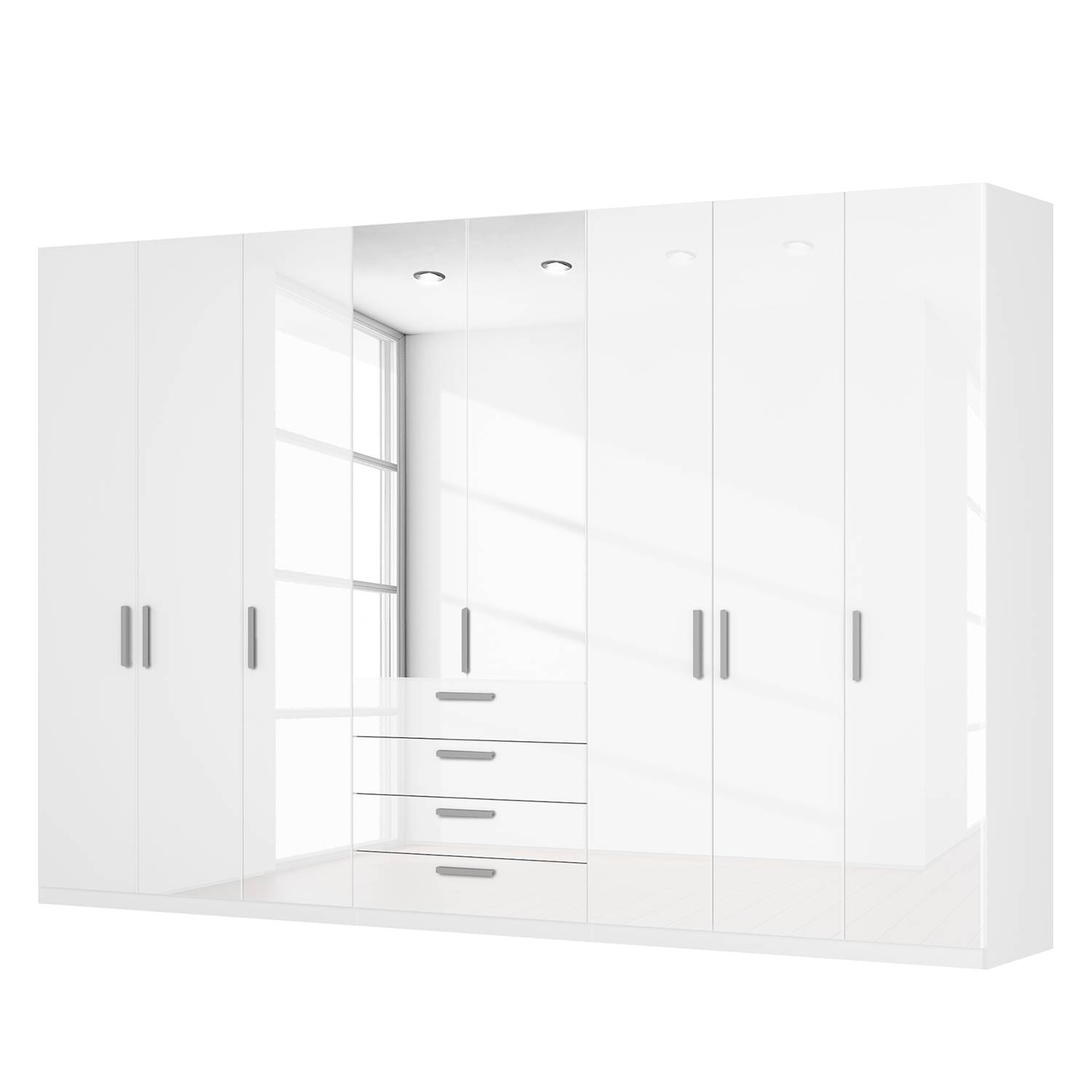 Armoire à portes battantes Skøp II - Blanc brillant / Miroir en cristal - 360 cm (8 portes) - 236 cm