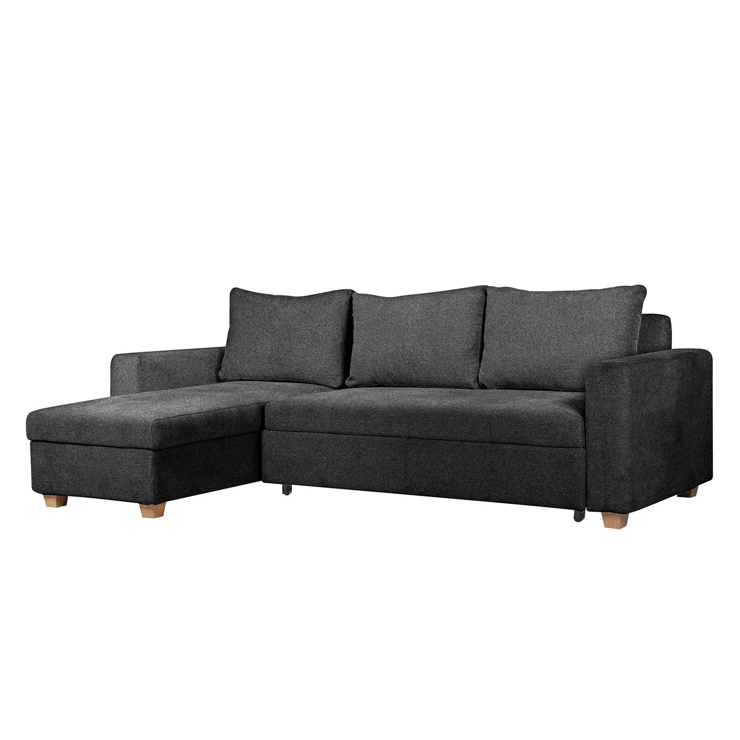 Ecksofa Crandon (mit Schlaffunktion) - Webstoff - Longchair/Ottomane davorstehend links - Stoff Parsa Grau-Schwarz