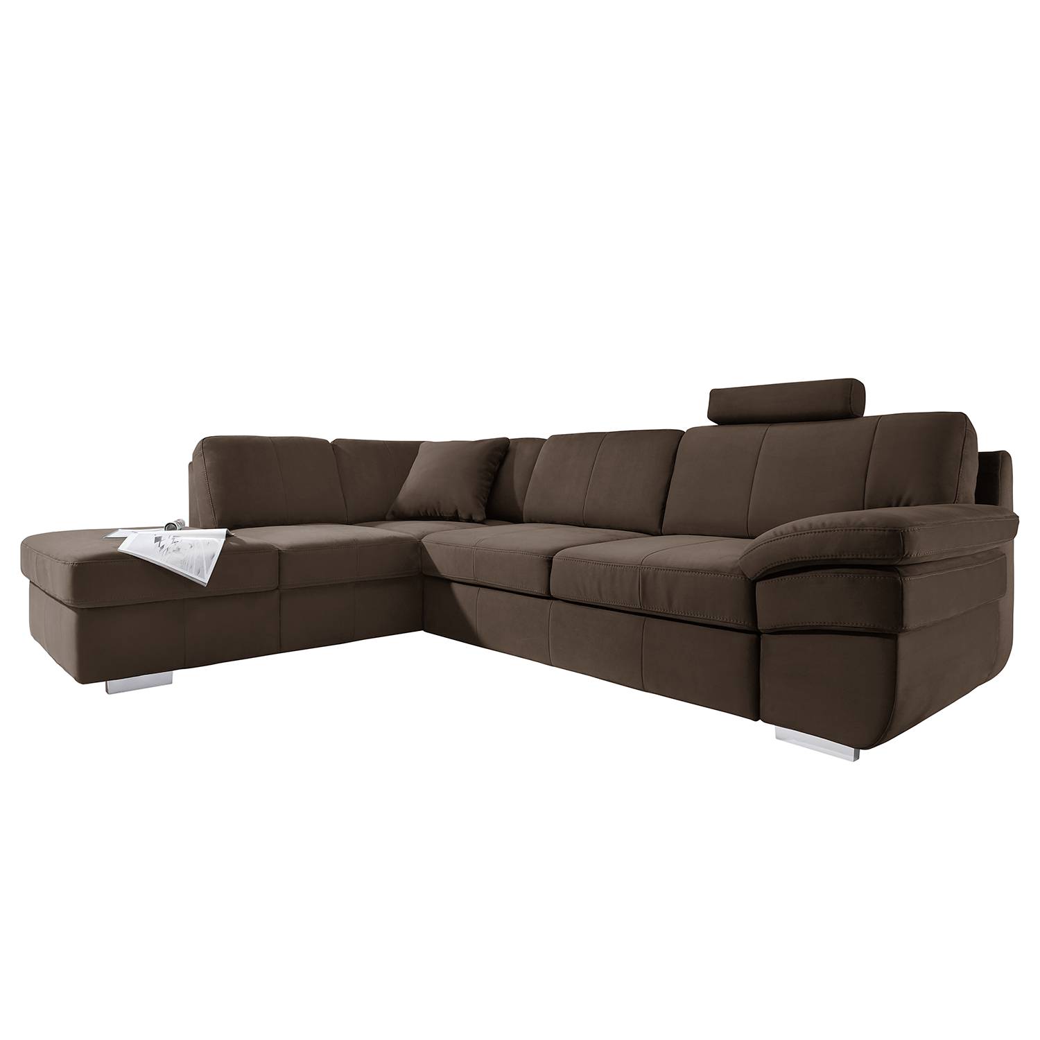 Ecksofa Eltham (mit Schlaffunktion) - Microvelour - Longchair/Ottomane davorstehend links - Dunkelbraun, loftscape