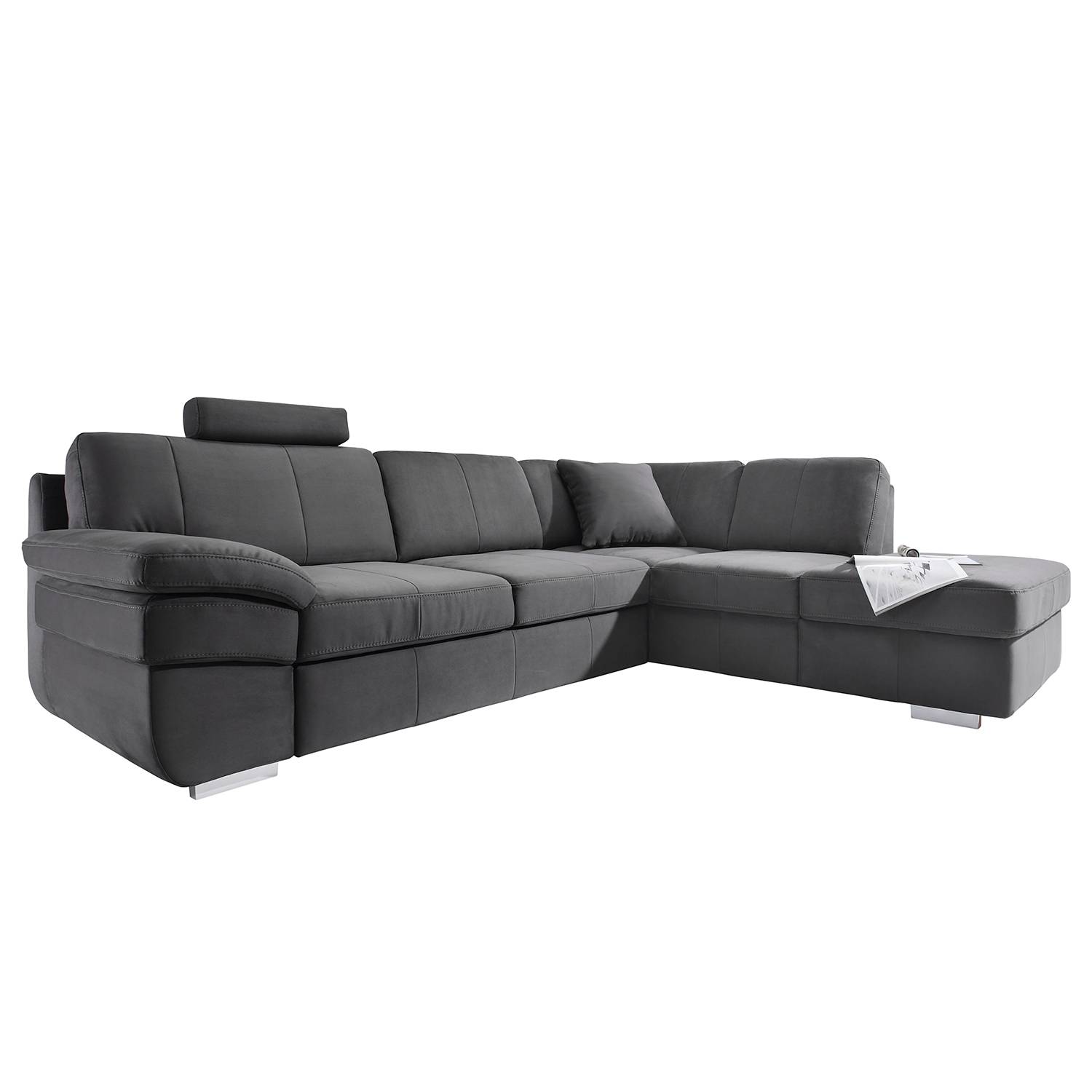 Ecksofa Eltham (mit Schlaffunktion) - Microvelour - Longchair/Ottomane davorstehend rechts - Anthrazit, loftscape