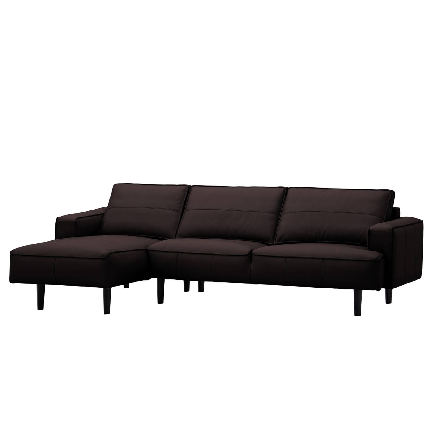 Ecksofa Navona - Echtleder - Longchair/Ottomane davorstehend links - Schwarz - Echtleder Neka Dunkelbraun