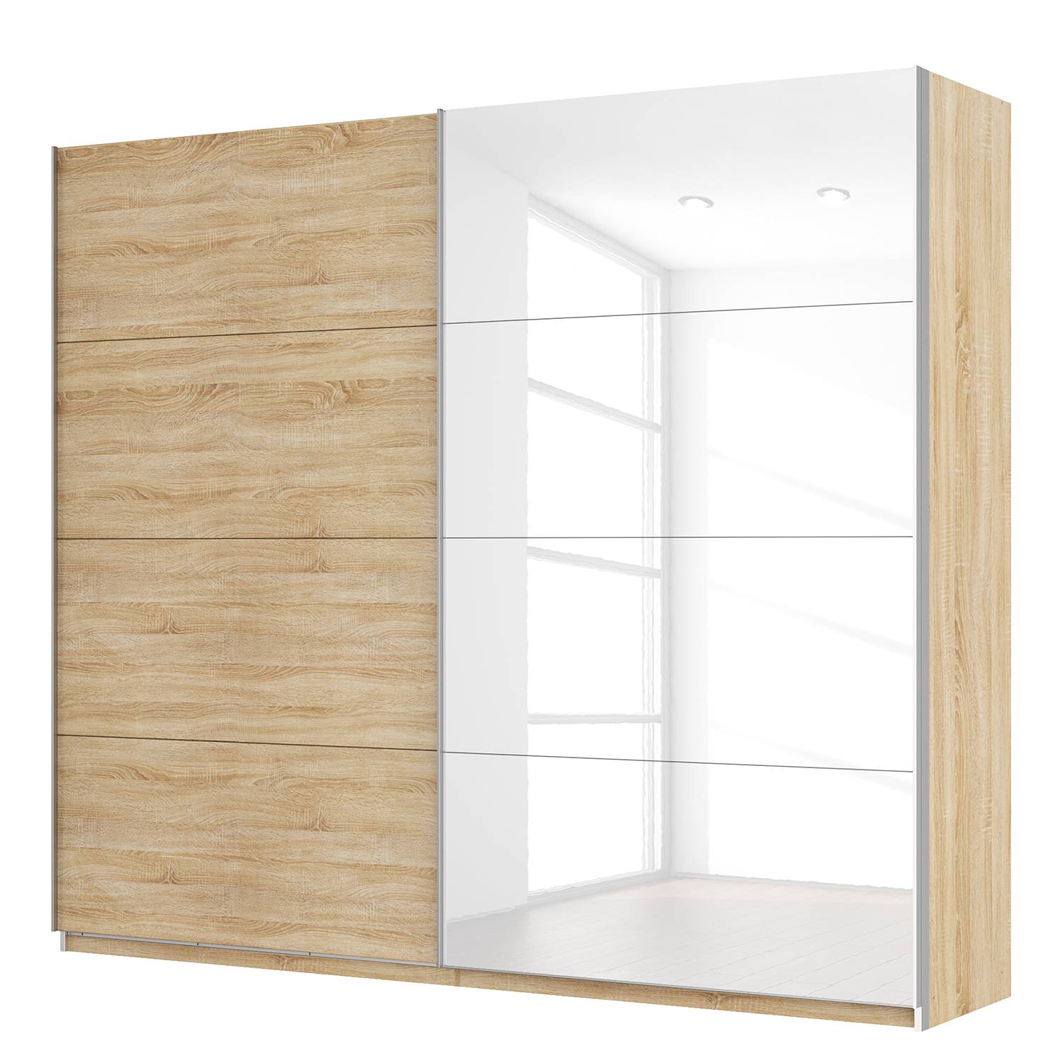 Schwebetürenschrank SKØP - Eiche Sonoma Dekor / Hochglanz Weiß - 270 cm (2-türig) - 236 cm - Classic