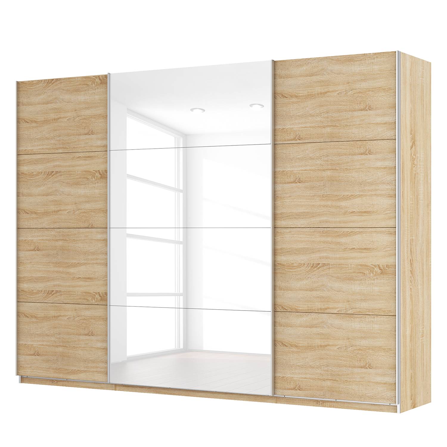Schwebetürenschrank SKØP - Eiche Sonoma Dekor / Hochglanz Weiß - 315 cm (3-türig) - 236 cm - Comfort