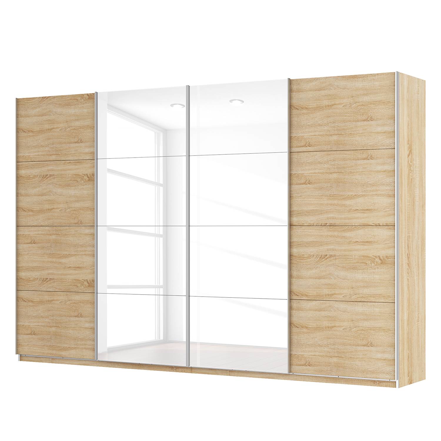 Schwebetürenschrank SKØP - Eiche Sonoma Dekor / Hochglanz Weiß - 360 cm (4-türig) - 236 cm - Classic