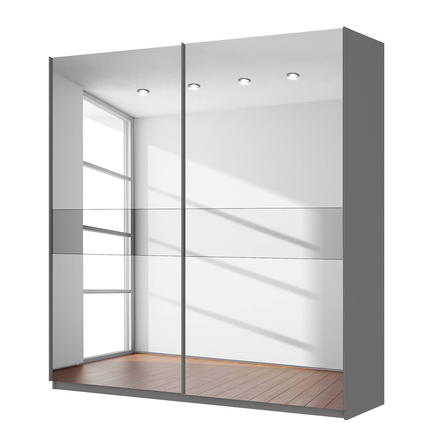 Schwebetürenschrank SKØP - Graphit / Spiegelglas / Grauspiegel - 225 cm (2-türig) - 236 cm - Comfort