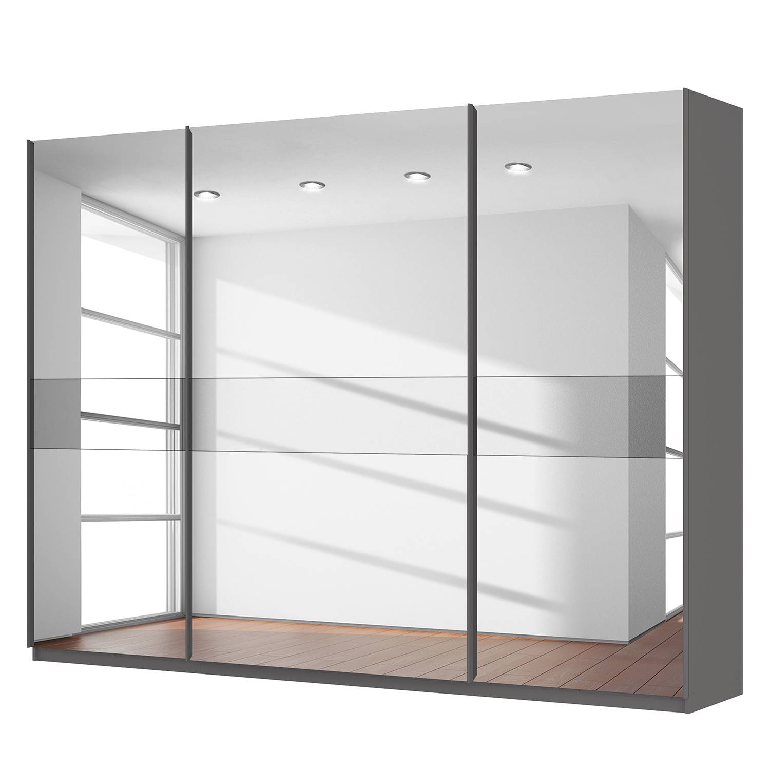 Schwebetürenschrank SKØP - Graphit / Spiegelglas / Grauspiegel - 315 cm (3-türig) - 236 cm - Comfort