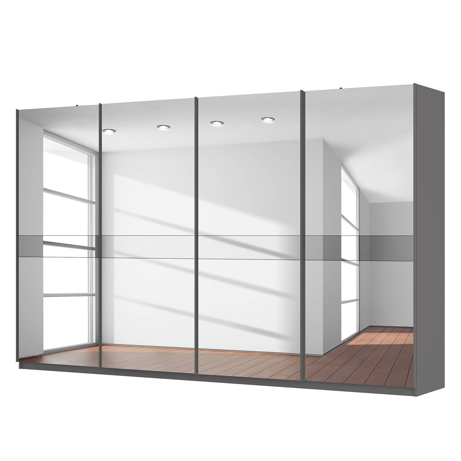 Schwebetürenschrank SKØP - Graphit / Spiegelglas / Grauspiegel - 360 cm (4-türig) - 222 cm - Comfort