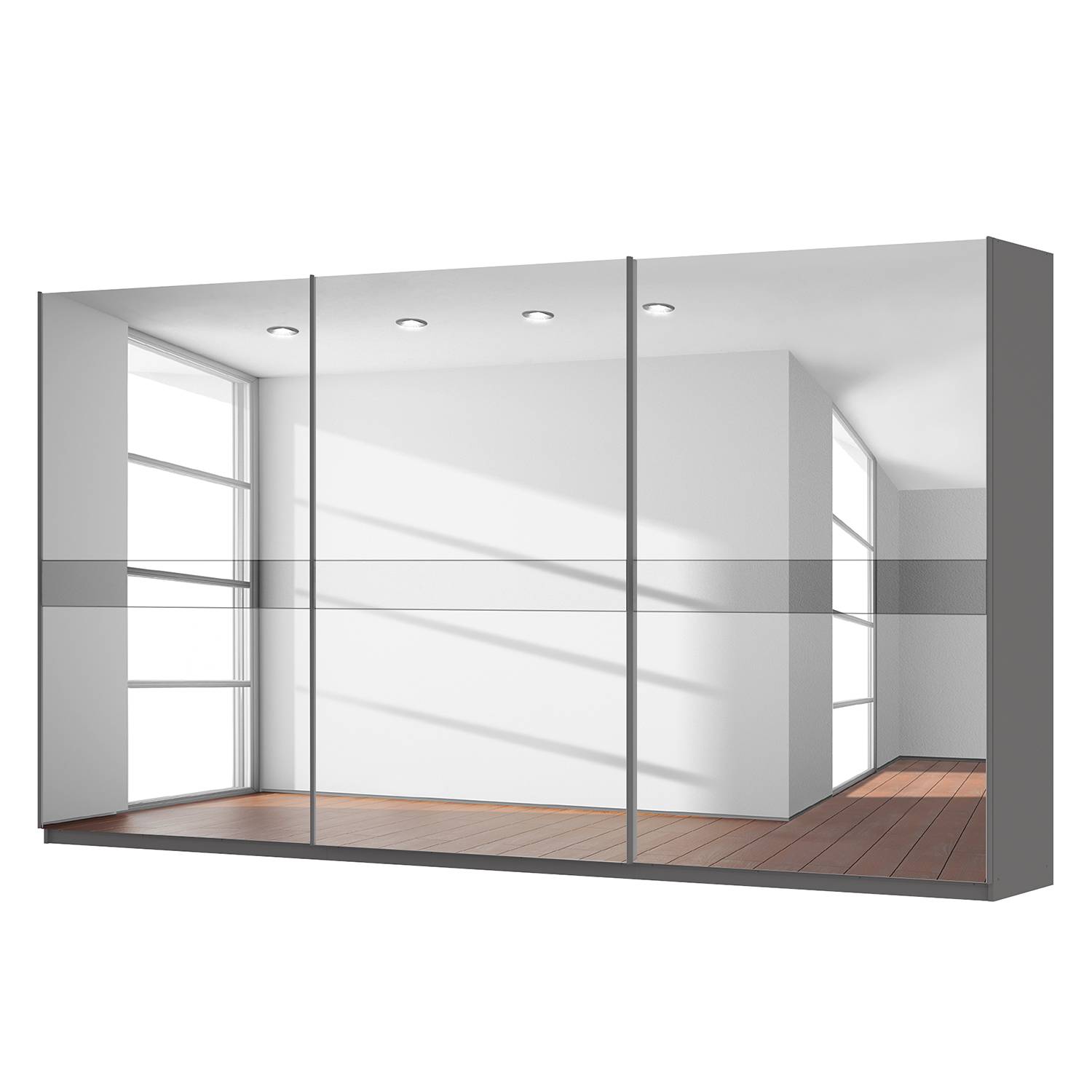 Schwebetürenschrank SKØP - Graphit / Spiegelglas / Grauspiegel - 405 cm (3-türig) - 222 cm - Comfort