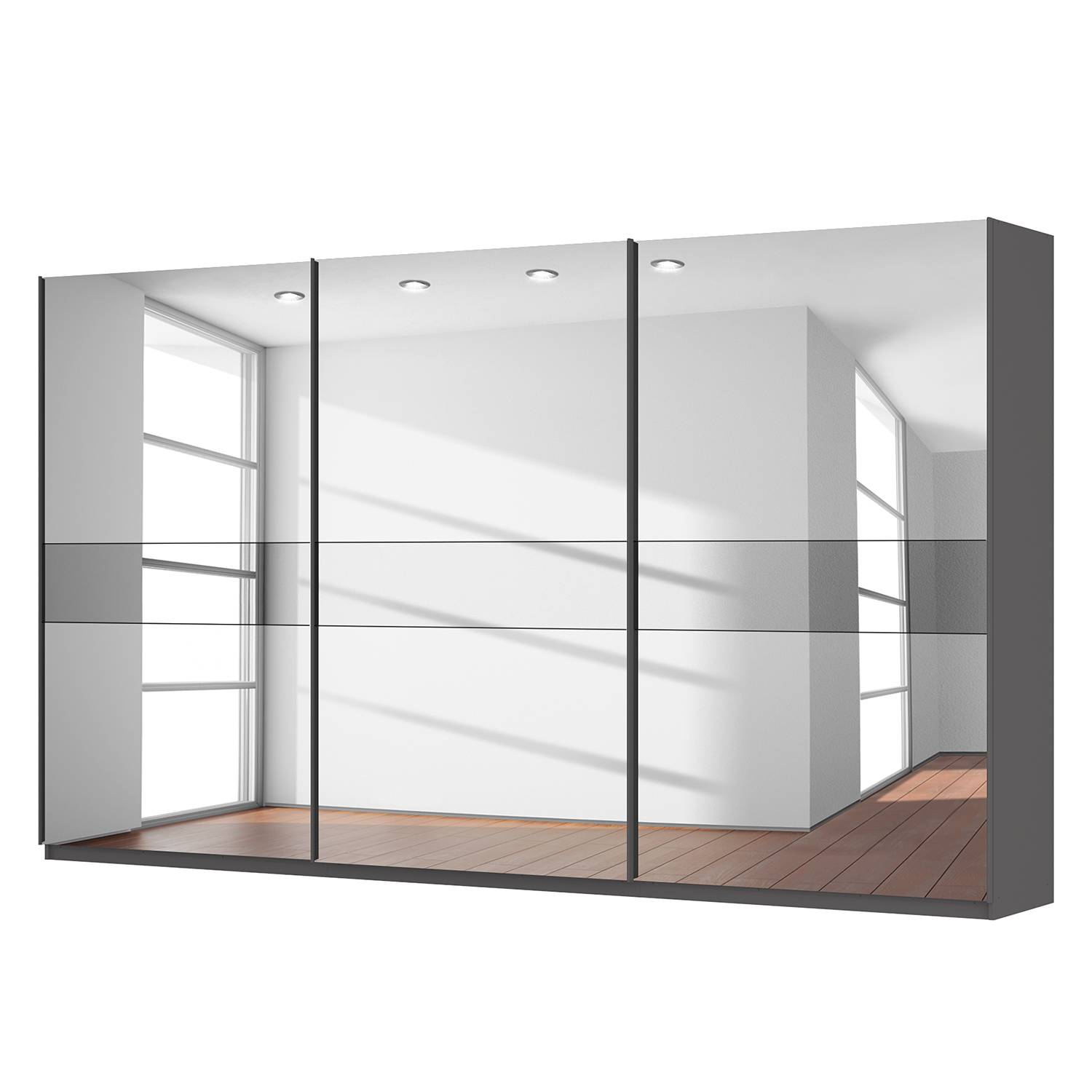 Schwebetürenschrank SKØP - Graphit / Spiegelglas / Grauspiegel - 405 cm (3-türig) - 236 cm - Comfort