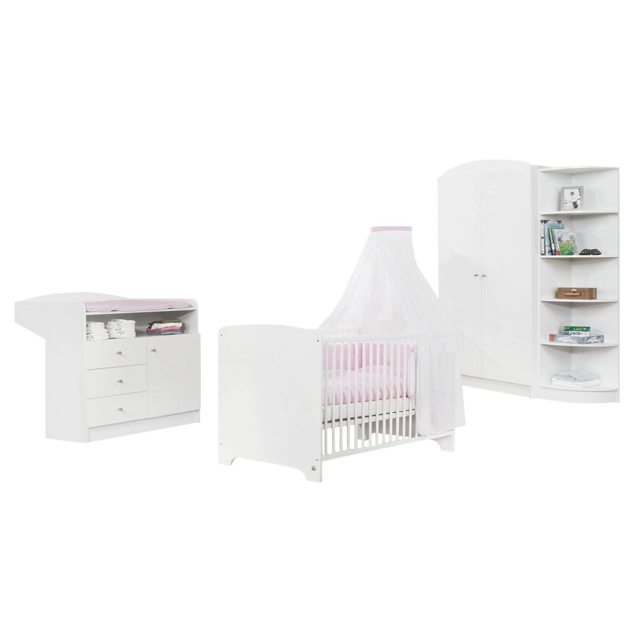 Babykamerset Jil 3 delig Deels massief grenen Babybed_ commode en 2 deurs kledingkast Wit gelakt_ Pinolino