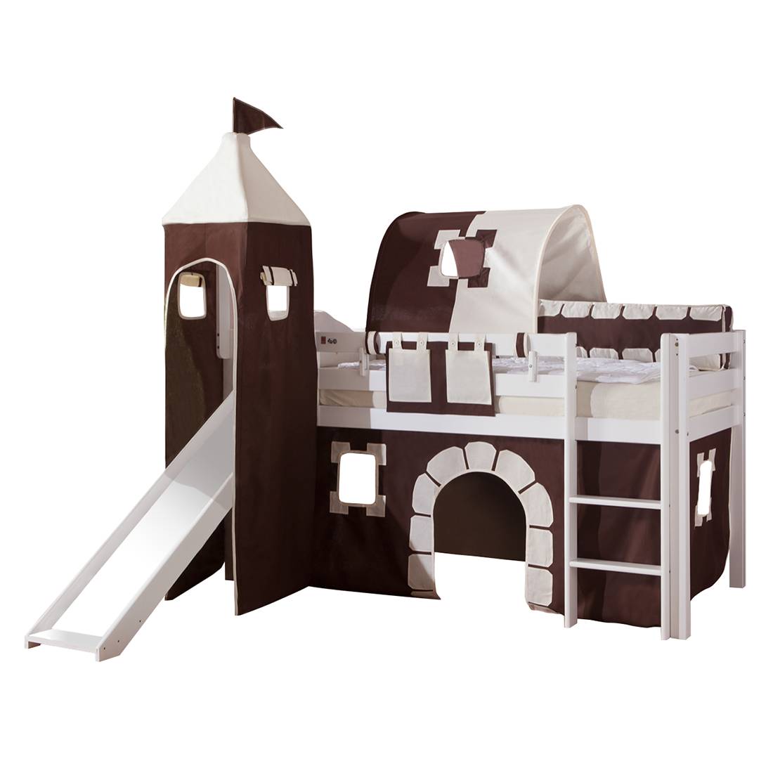 Spielbett Alex - mit Rutsche, Vorhang, Turm, 1-er Tunnel und Tasche - Buche weiß/Textil Burg, Relita