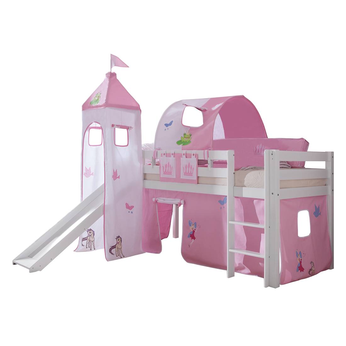 Spielbett Alex - mit Rutsche, Vorhang, Turm, 1-er Tunnel und Tasche -Buche weiß/Textil Princess, Relita
