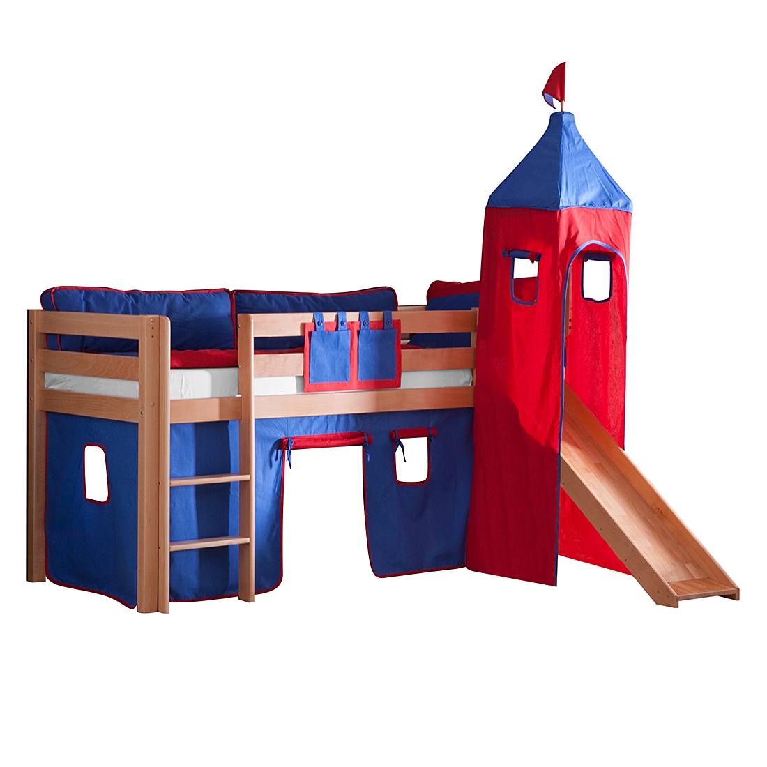 Spielbett Alex - mit Rutsche, Vorhang, Turm und Tasche - Buche Natur/Textil Blau-Rot, Relita