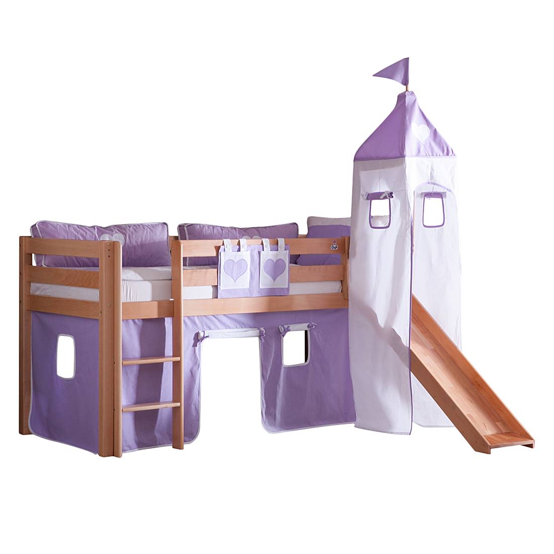 Spielbett Alex - mit Rutsche , Vorhang, Turm und Tasche - Buche natur/Textil purple-weiß-herz, Relita