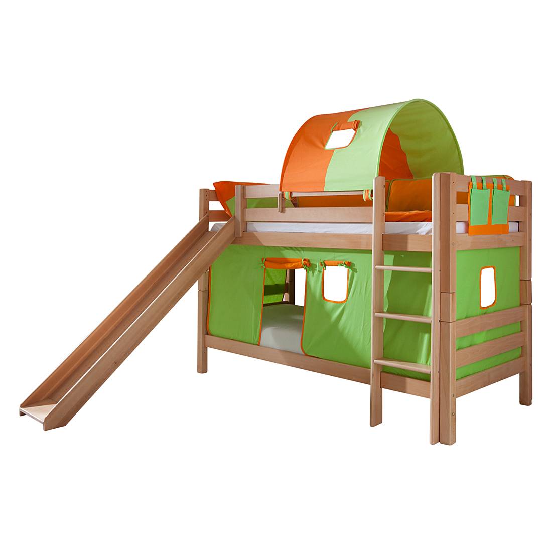 Spielbett Beni - Buche massiv - Natur lackiert/Textil Grün-Orange - mit Rutsche, Vorhang, Tunnel und Tasche, Relita
