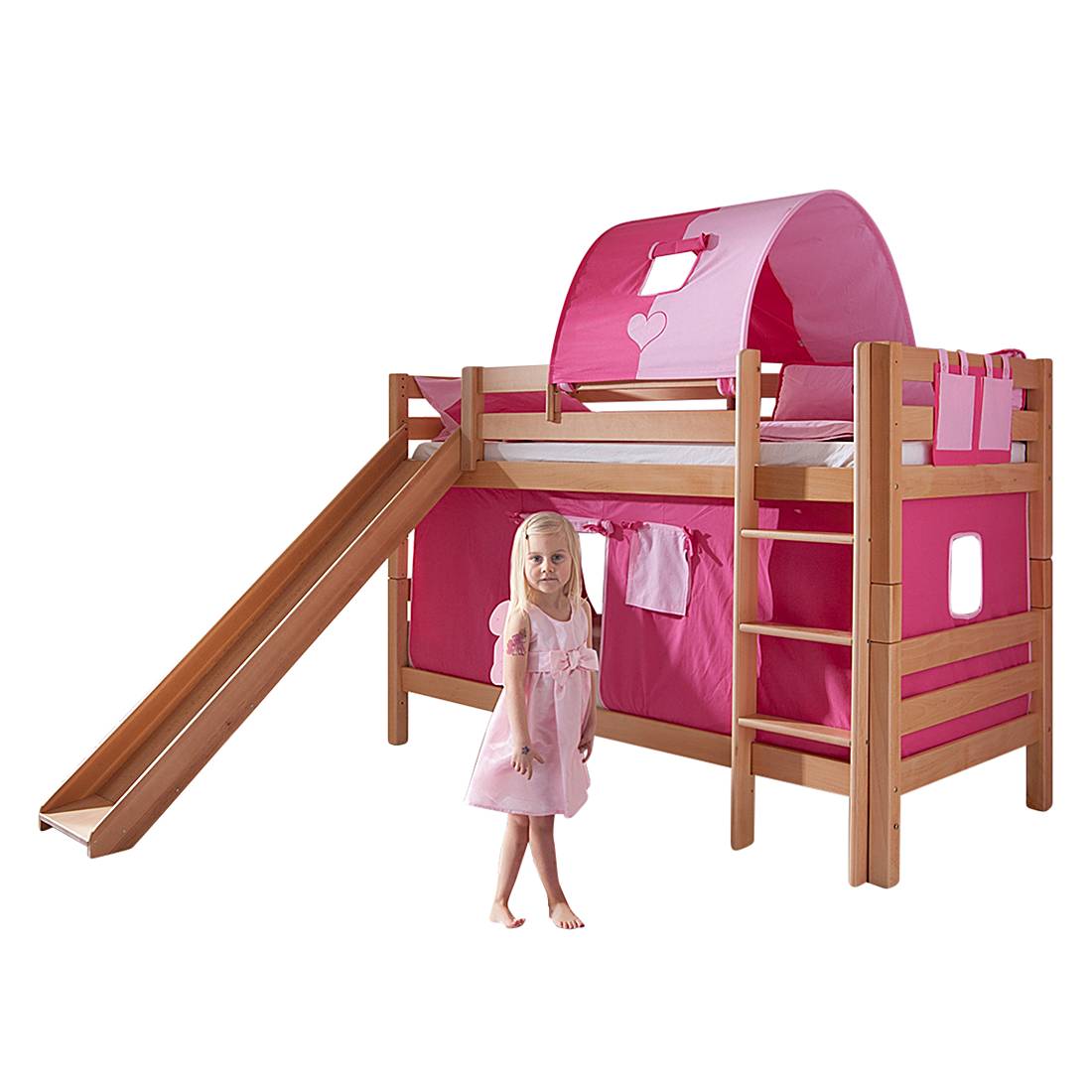 Spielbett Beni - Buche massiv - Natur lackiert/Textil Pink-Rosa - mit Rutsche, Vorhang, Tunnel und Tasche -, Relita