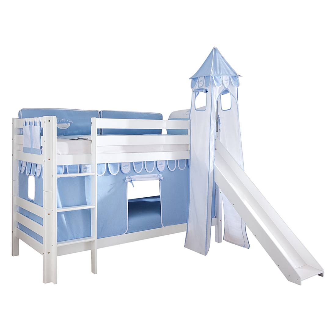 Spielbett Beni - mit Rutsche, Vorhang, Turm und Tasche - Buche massiv weiß lackiert/Textil Blau-Boy, Relita