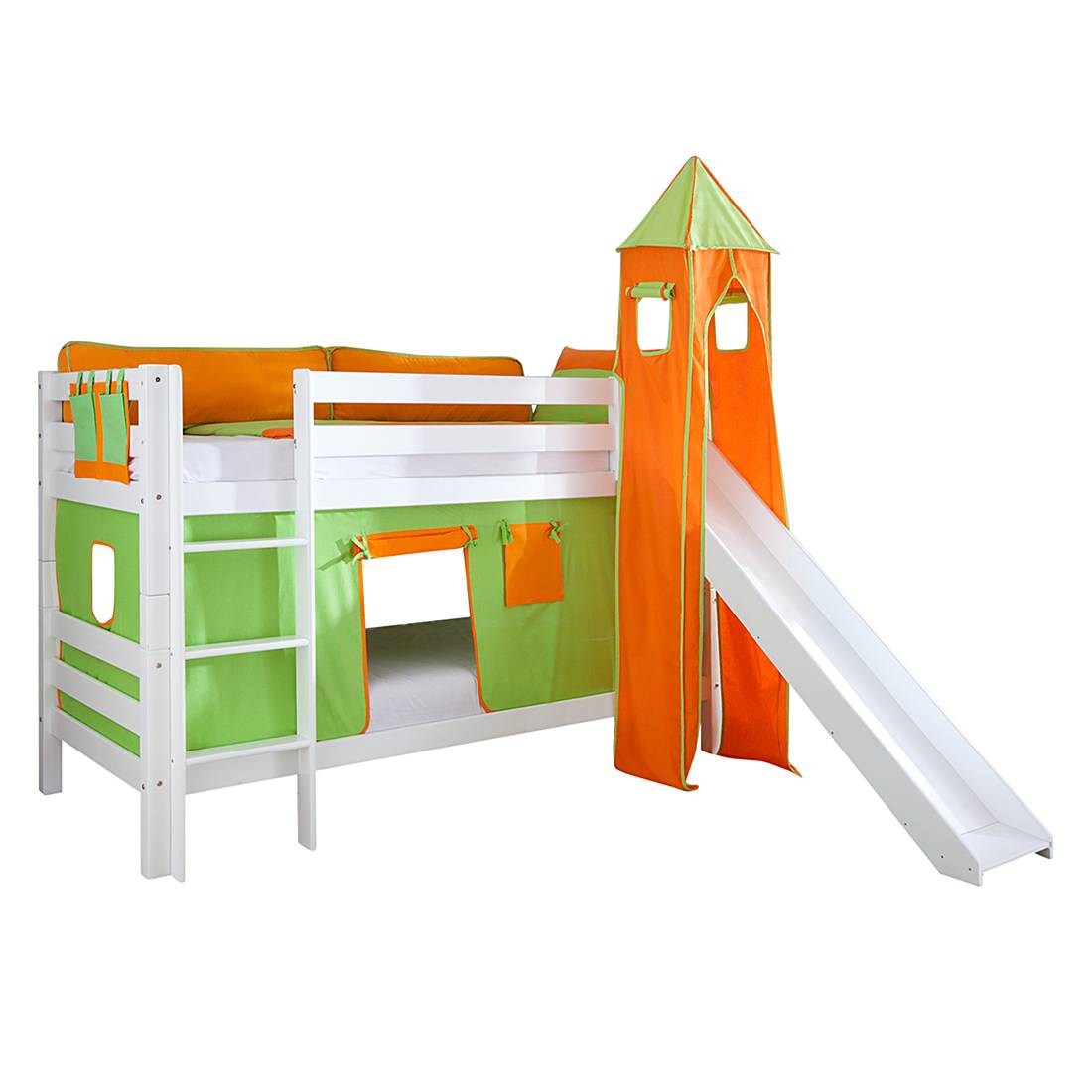 Spielbett Beni - mit Rutsche, Vorhang, Turm und Tasche - Buche massiv weiß lackiert/Textil grün-orange, Relita