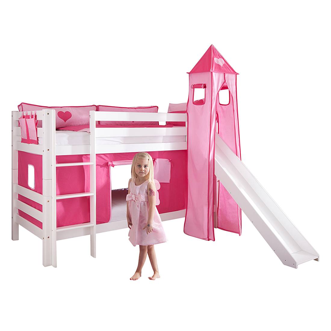 Spielbett Beni - mit Rutsche, Vorhang, Turm und Tasche - Buche massiv weiß lackiert/Textil pink-herz, Relita