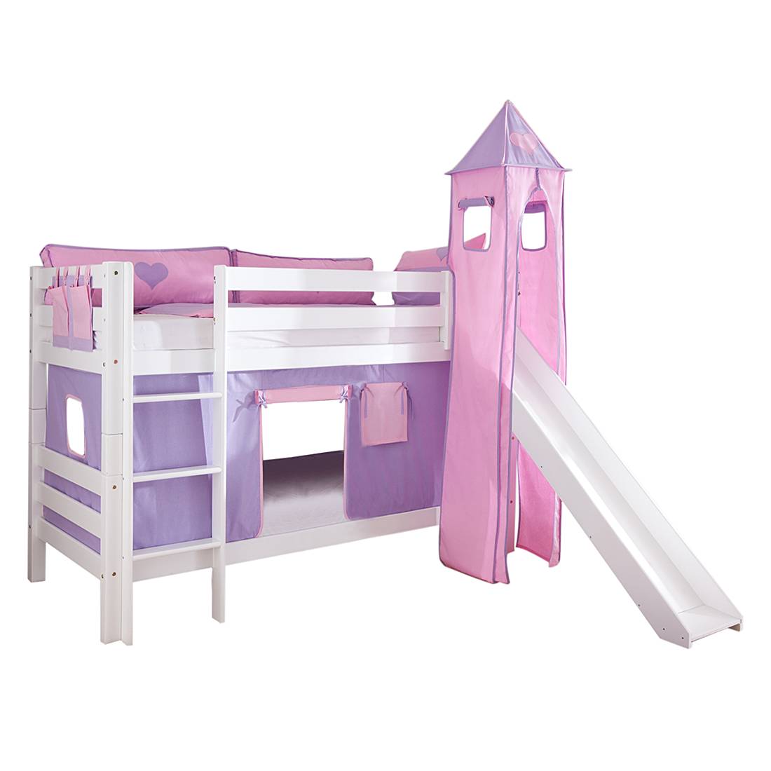 Spielbett Beni - mit Rutsche, Vorhang, Turm und Tasche - Buche massiv weiß lackiert/Textil purple-rosa-herz, Relita