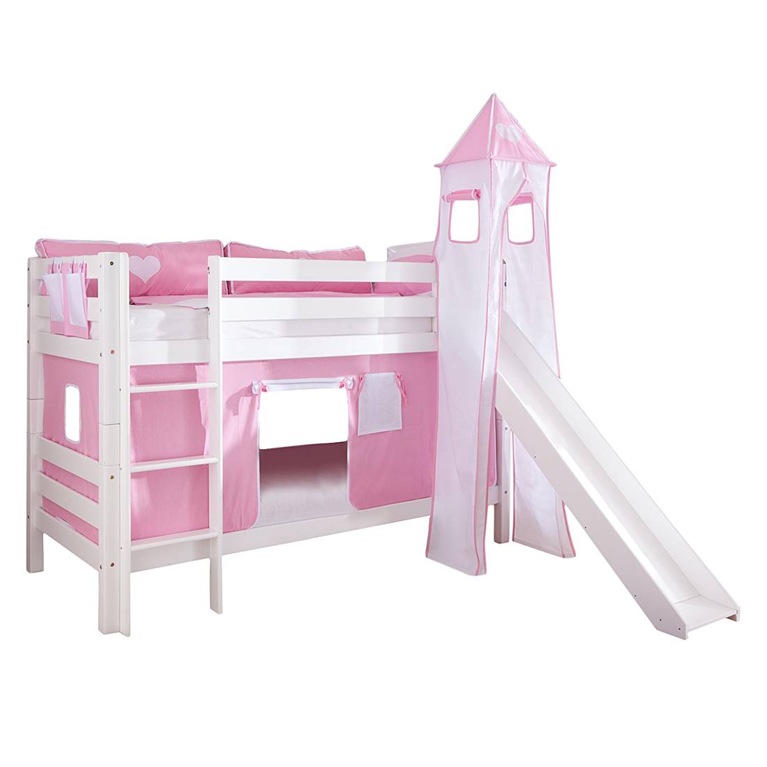 Spielbett Beni - mit Rutsche, Vorhang, Turm und Tasche - Buche massiv weiß lackiert/Textil rosa-weiß-herz, Relita