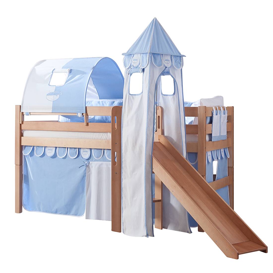 Spielbett Eliyas - mit Rutsche, Vorhang, Tunnel, Turm und Tasche - Buche natur/Textil Blau-Boy, Relita